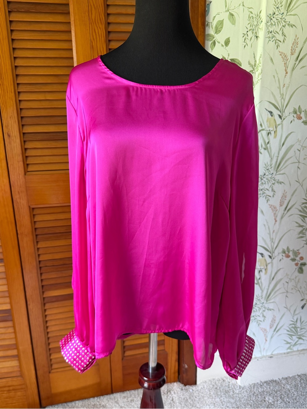 Focus 2000 Women's Fuchsia Long-Sleeve Satin Blouse Sz XL